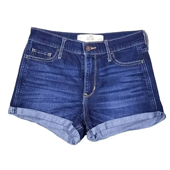 Y2K Hollister Jean Short Shorts High Rise Dark Blue Jr Sz 1 Cuffed Denim - Picture 1 of 4